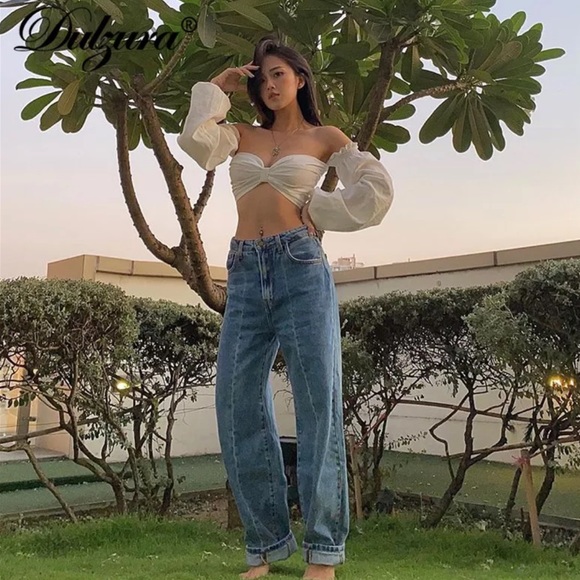 NWOT Dulzura Ruched Bow Crop Top Shirt Puff Long Sleeve Off Shoulder L - Picture 2 of 6